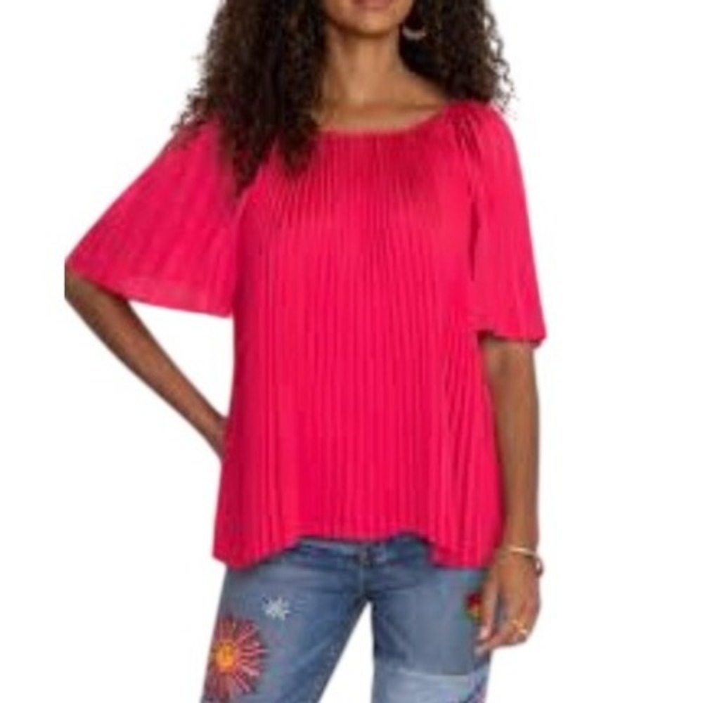 Johnny Was Jade Pleated Blouse Pink Womens Small Short Sleeve Boho Flowy Top